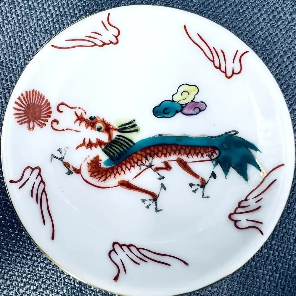 Set of 3 Chinese Saucers Red Dragon Replacement Desert Dish Asian VTG Plate